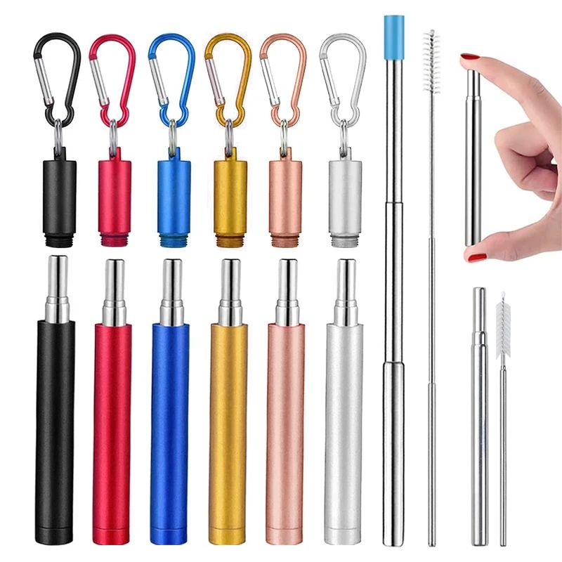 Collapsible Stainless Steel Straw Set Reusable Telescopic Travel Drinking Straw With Case 0