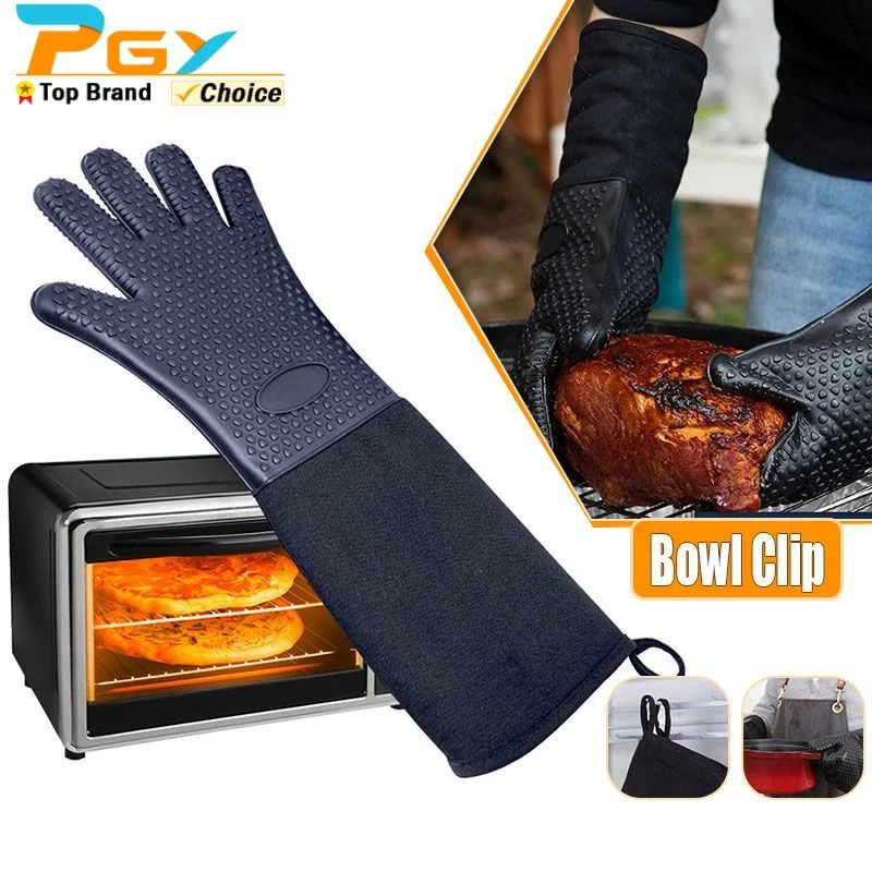 ExtraLong Silicone Oven Mitts HeatResistant Grill Baking Gloves With Quilted Liner 0