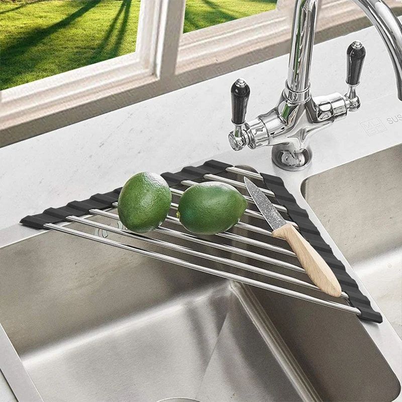 Triangle RollUp Dish Drying Rack For Sink Corner Foldable Stainless Steel Kitchen Drainer 1