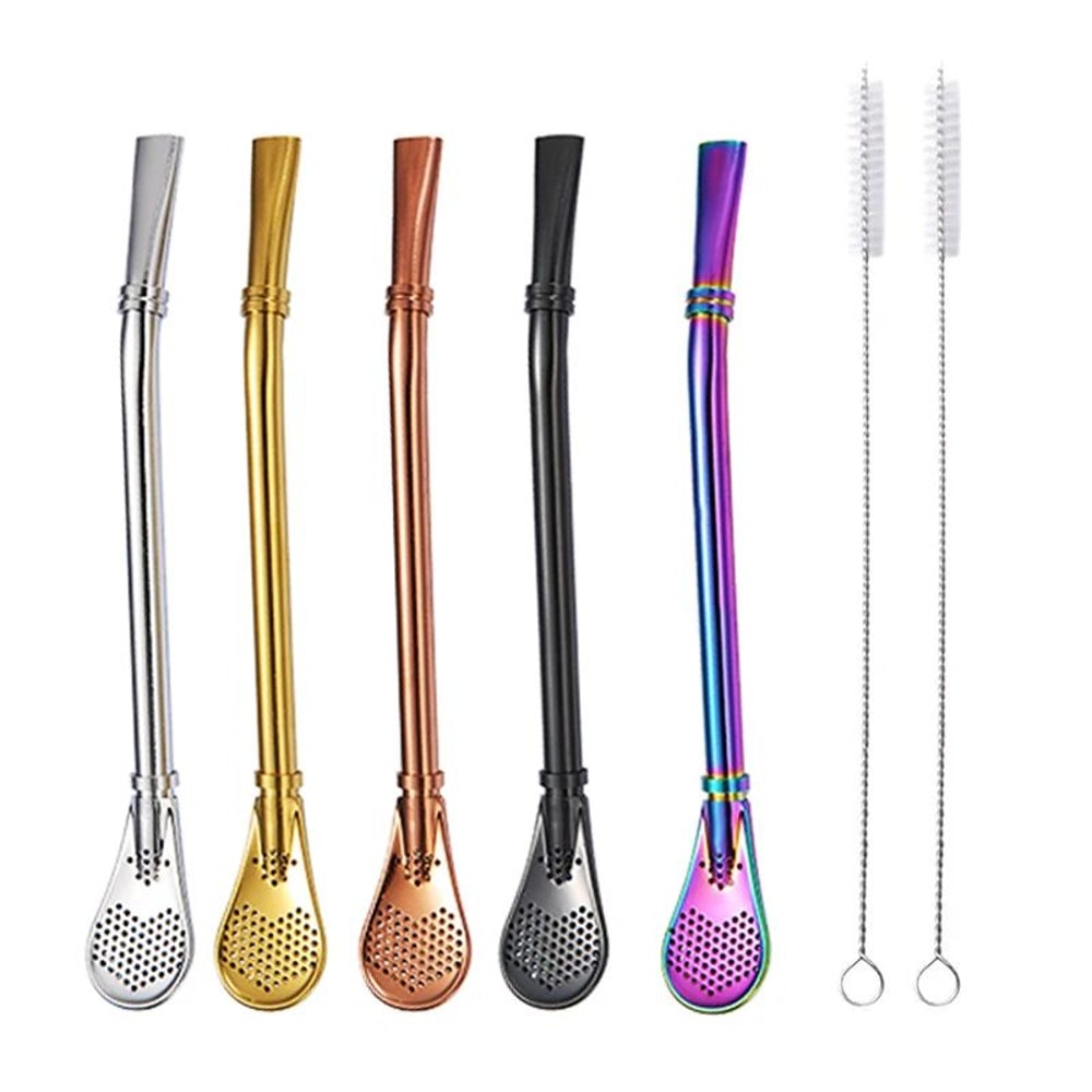 Stainless Steel Yerba Mate Bombilla Set Tea Infuser Straw With Cleaning Brush 2 Pcs 0