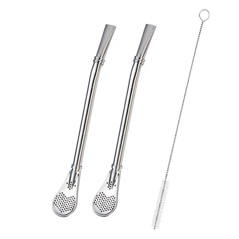 Stainless Steel Yerba Mate Bombilla Set Tea Infuser Straw With Cleaning Brush 2 Pcs 8