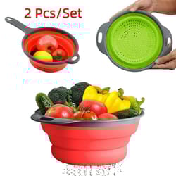 foldable silicone colander set – collapsible fruit & vegetable strainers with handles (2-pack)