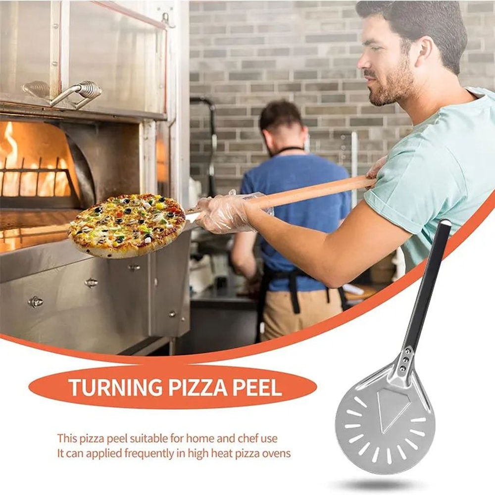 Perforated Aluminum Pizza Turning Peel Round Pizza Peel Turner With Long Handle 7912 Inch 3