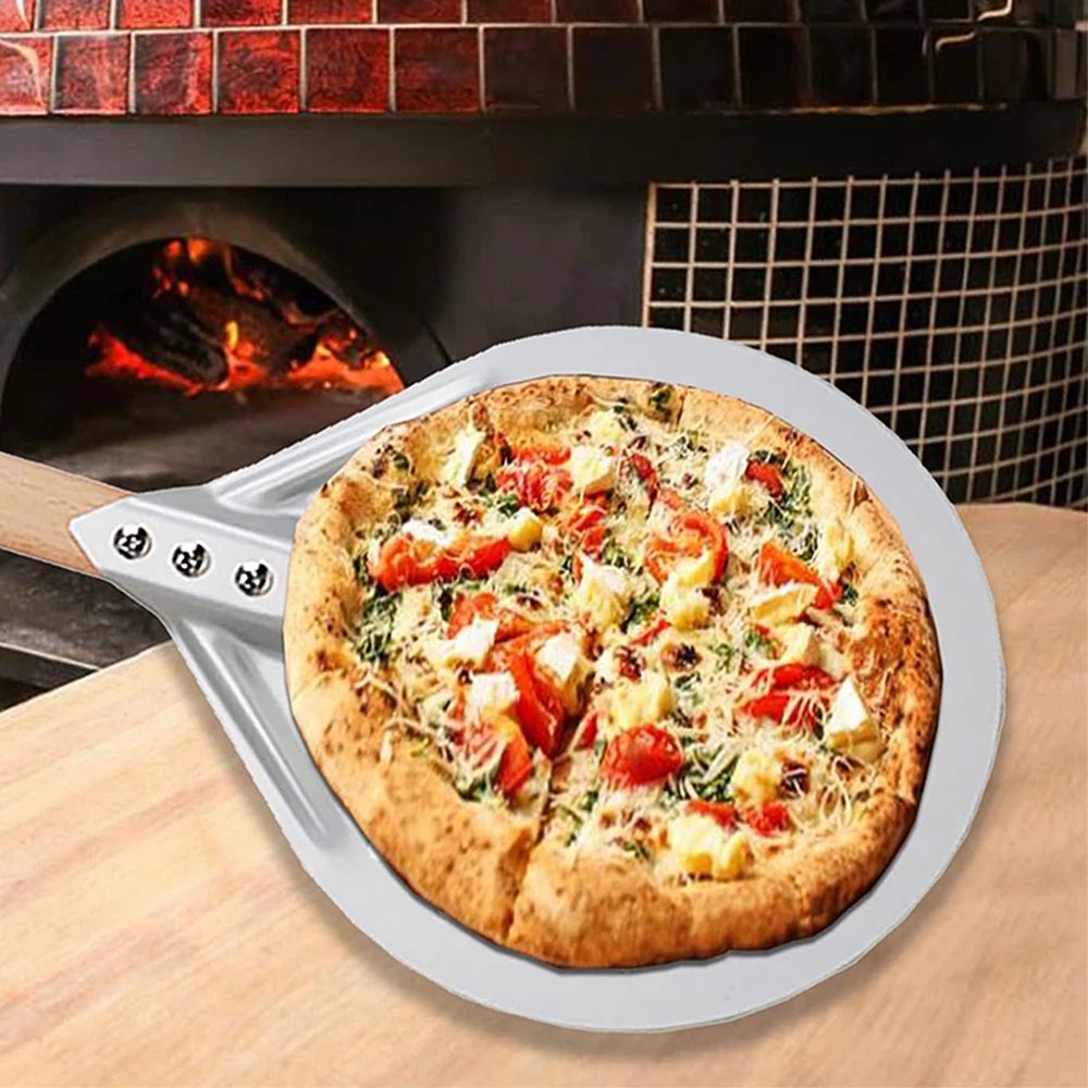 HardAnodized Aluminum Pizza Turning Peel Perforated Pizza Paddle With Wood Handle 1214 Inch 2