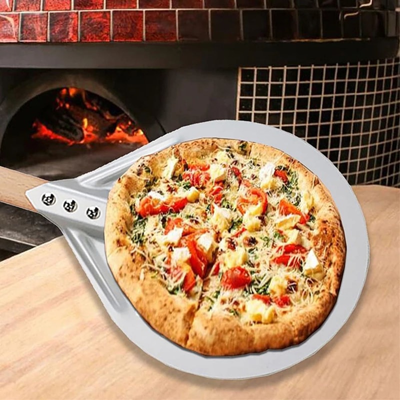 HardAnodized Aluminum Pizza Turning Peel Perforated Pizza Paddle With Wood Handle 1214 Inch 2