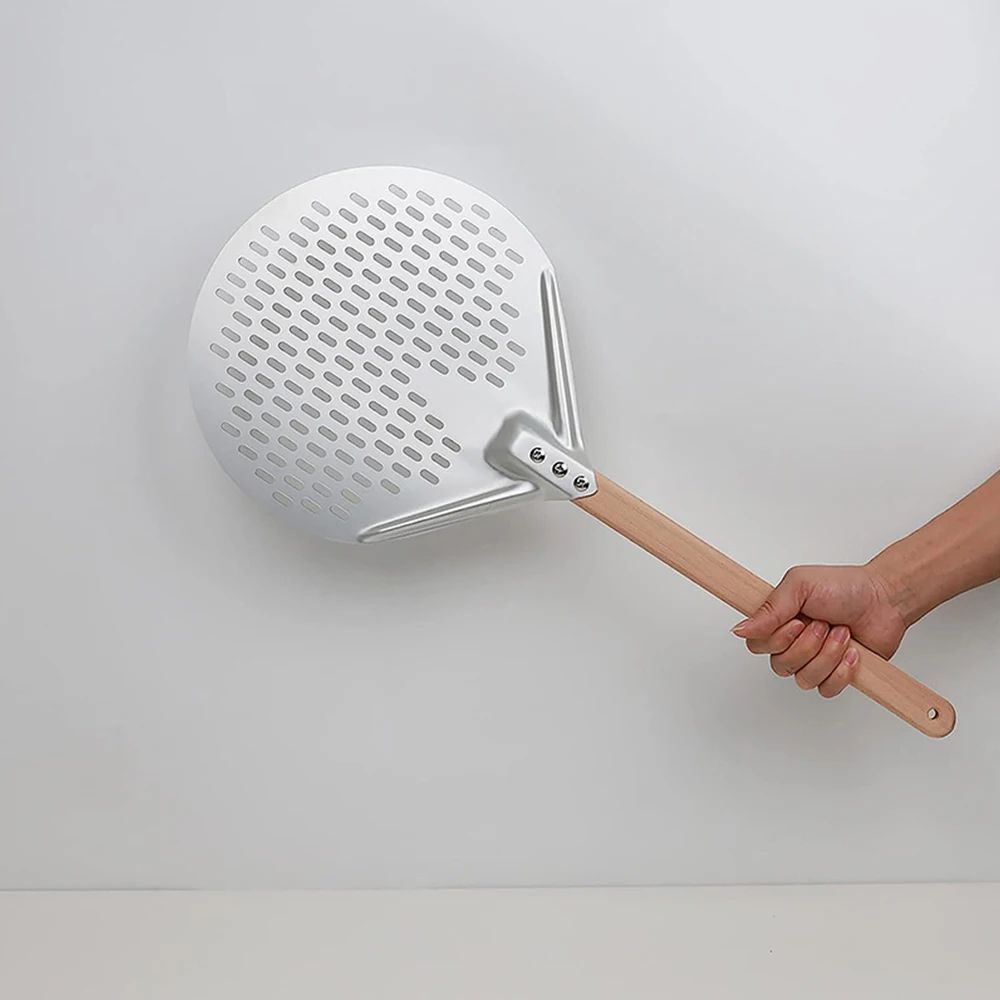 HardAnodized Aluminum Pizza Turning Peel Perforated Pizza Paddle With Wood Handle 1214 Inch 3