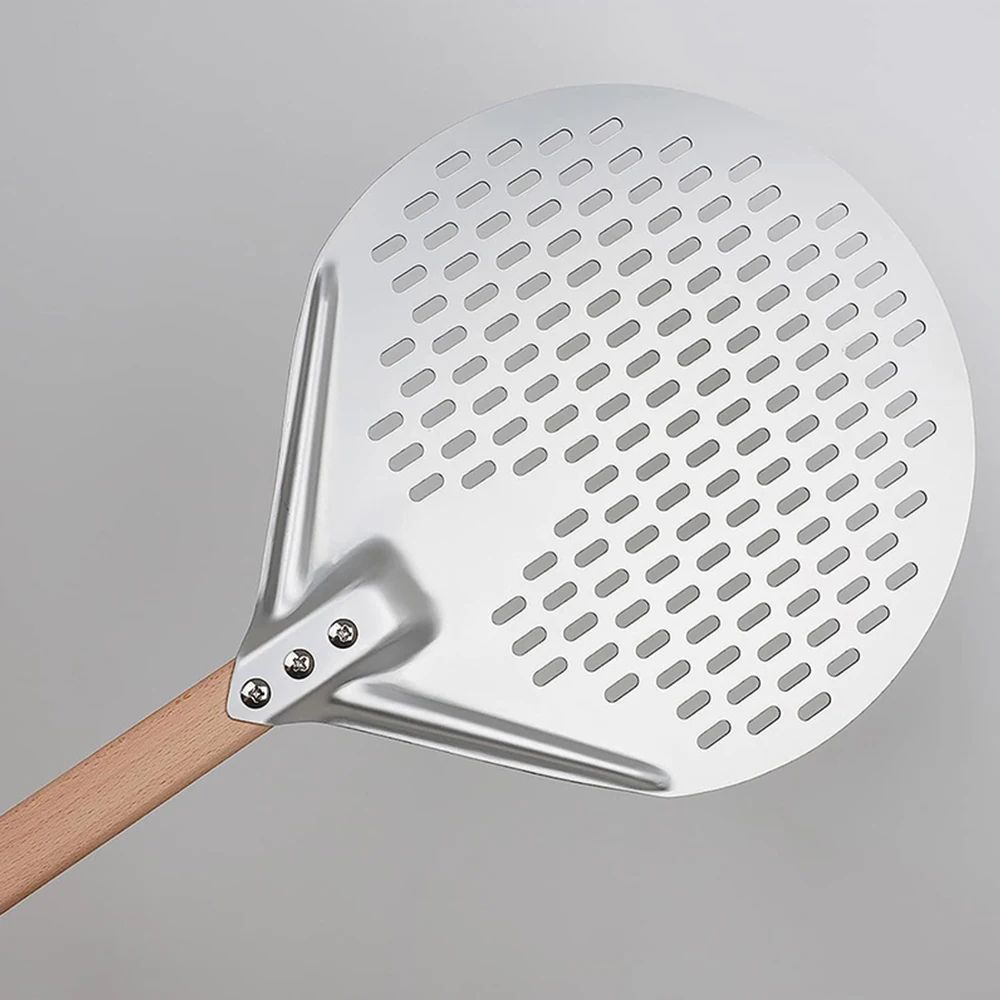 HardAnodized Aluminum Pizza Turning Peel Perforated Pizza Paddle With Wood Handle 1214 Inch 4