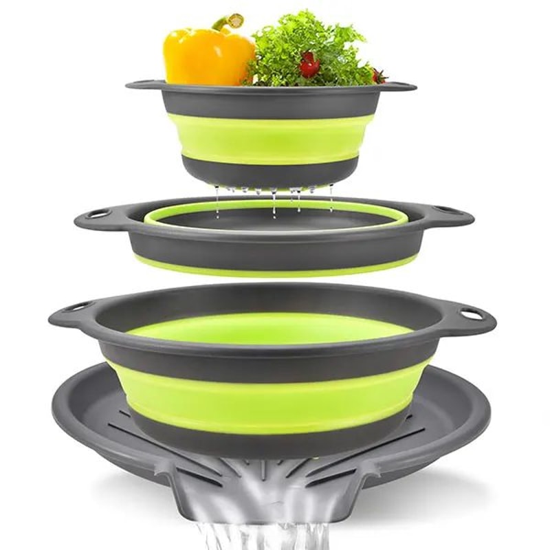 Foldable Collapsible Colander Set With SelfDraining Base SpaceSaving Vegetable Fruit Washing Bask 4