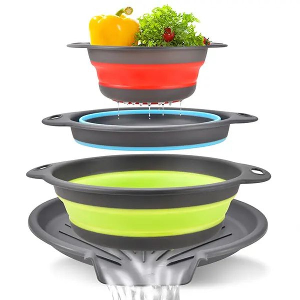 Foldable Collapsible Colander Set With SelfDraining Base SpaceSaving Vegetable Fruit Washing Bask 5