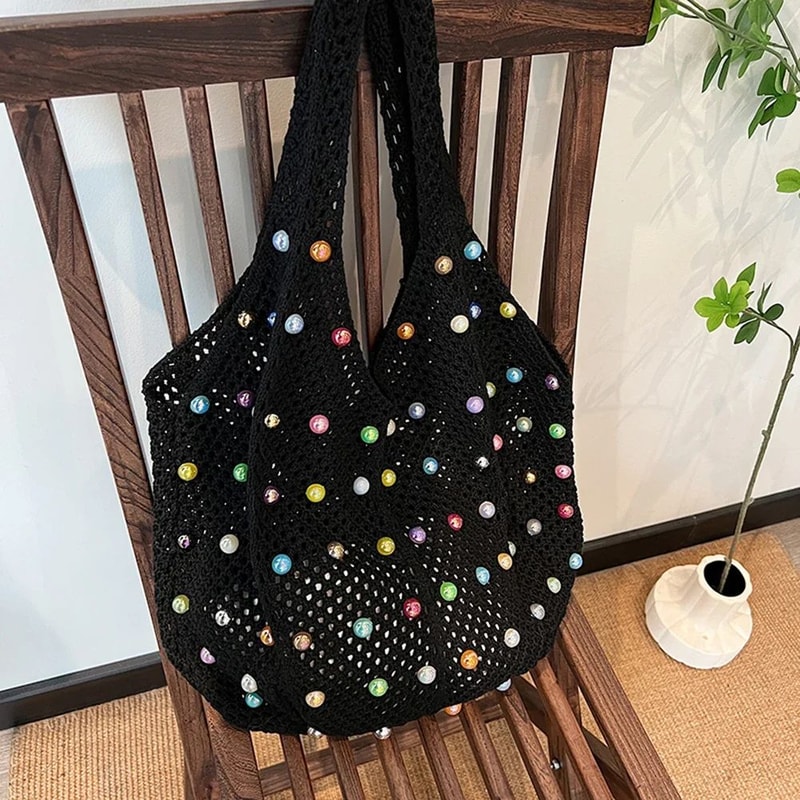 Boho Crochet Tote Bag Large Capacity Knitted Handbag With Colorful Beads For Women 6
