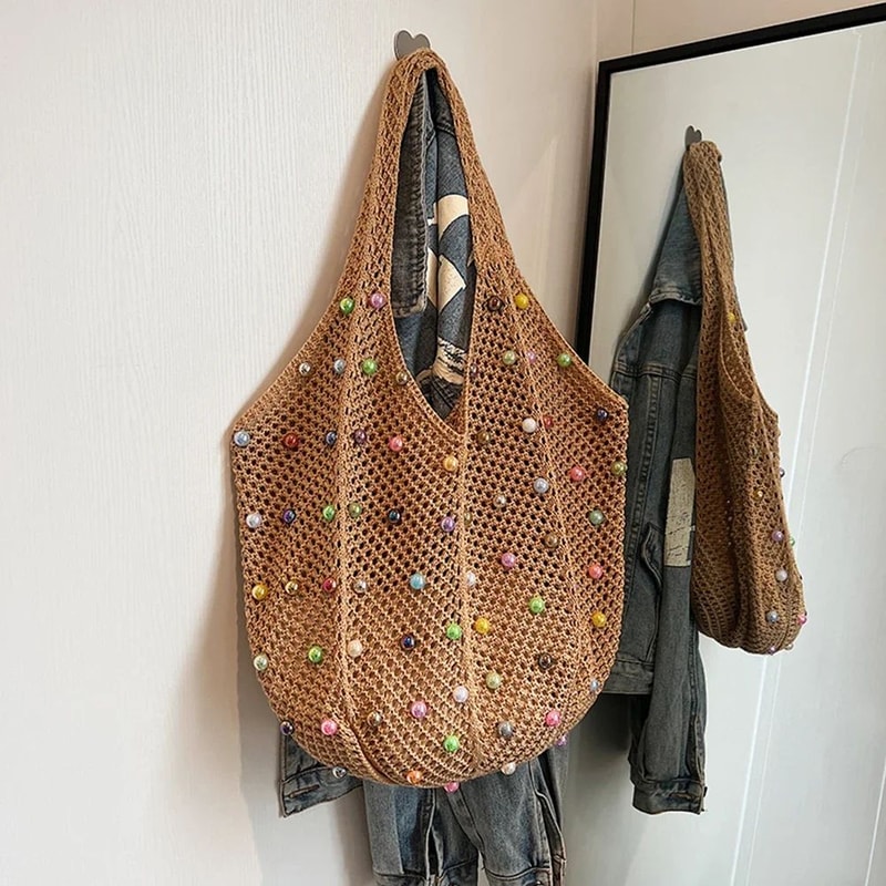 Boho Crochet Tote Bag Large Capacity Knitted Handbag With Colorful Beads For Women 8