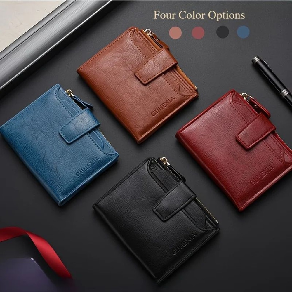 Men Vintage Leather Wallet Large Capacity Billfold With Zipper Coin Pocket ID Window 0