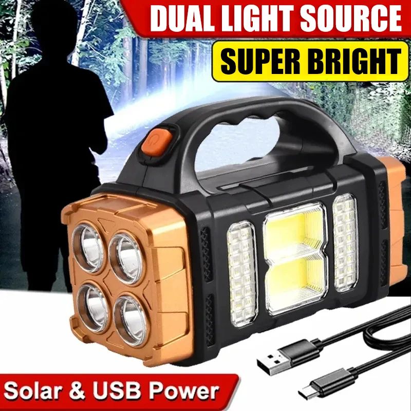 Rechargeable Solar LED Flashlight USB Camping Torch With COB Work Light 0