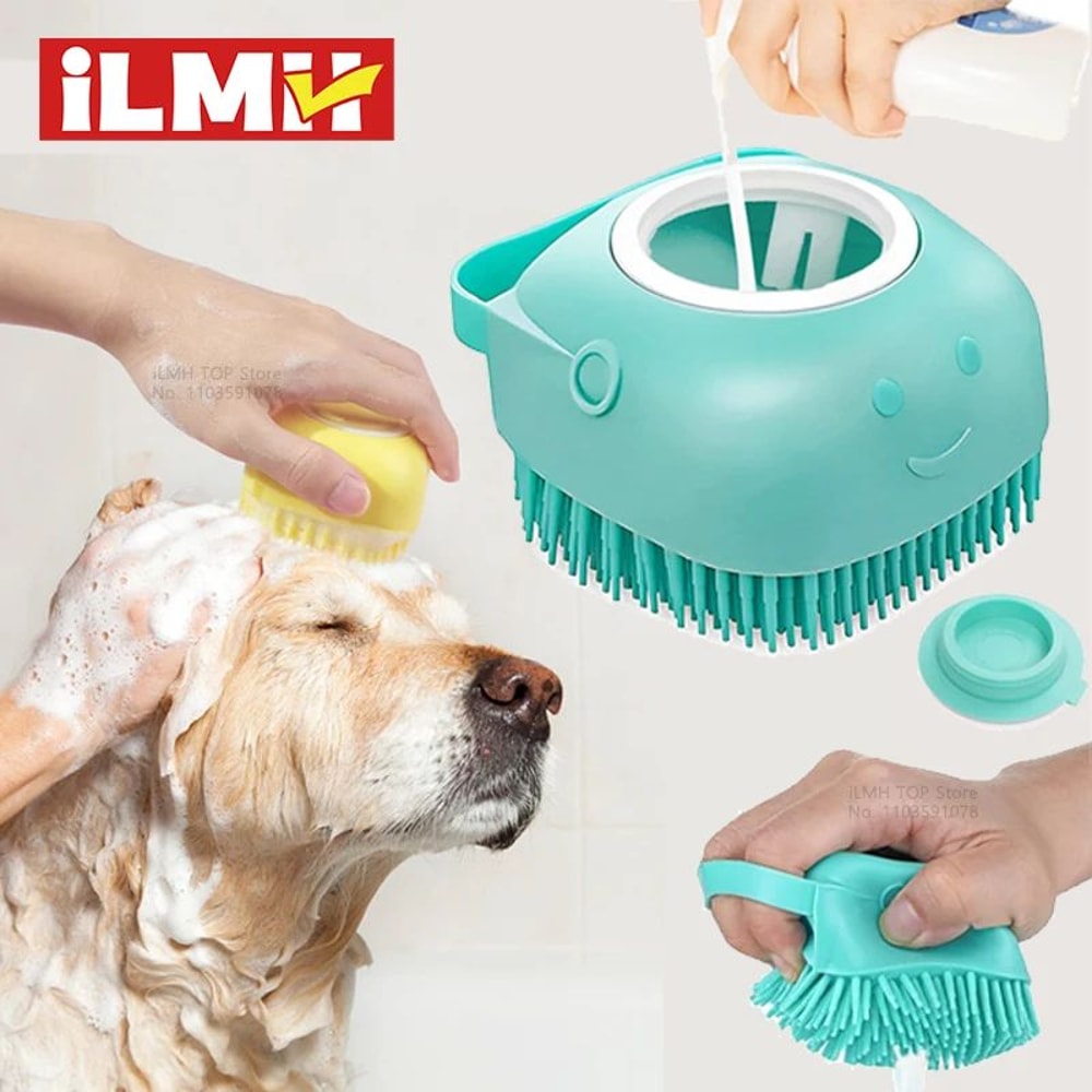 Silicone Dog Bathing Brush With Shampoo Dispenser Soft Pet Massage Grooming Tool 0
