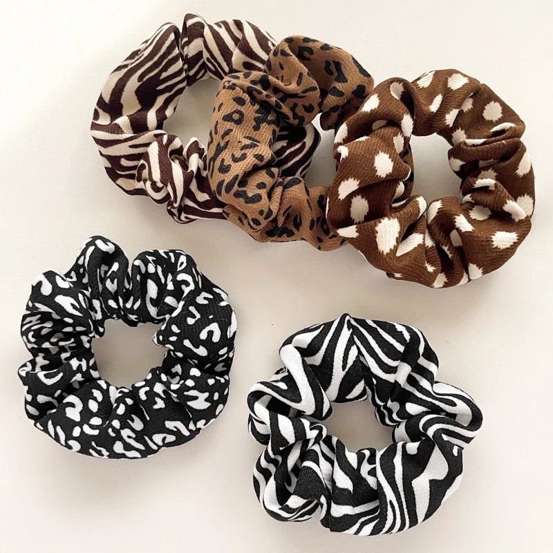 Leopard Fabric Scrunchies Set Soft Elastic Hair Ties Ponytail Holders 5 Pcs 0