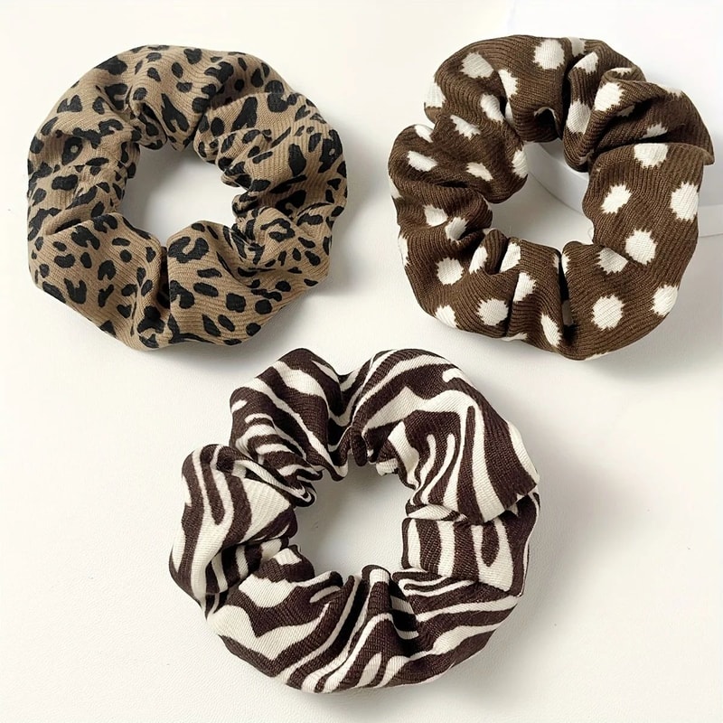 Leopard Fabric Scrunchies Set Soft Elastic Hair Ties Ponytail Holders 5 Pcs 2