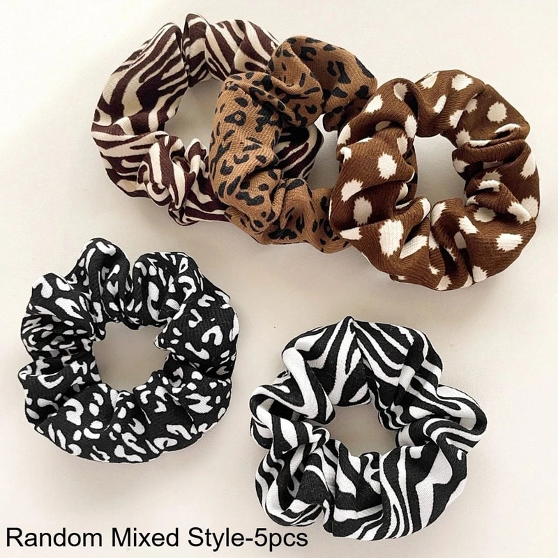 Leopard Fabric Scrunchies Set Soft Elastic Hair Ties Ponytail Holders 5 Pcs 6