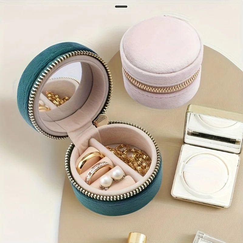 Mini Velvet Travel Jewelry Box Portable Round Organizer For Rings Earrings Necklaces 0