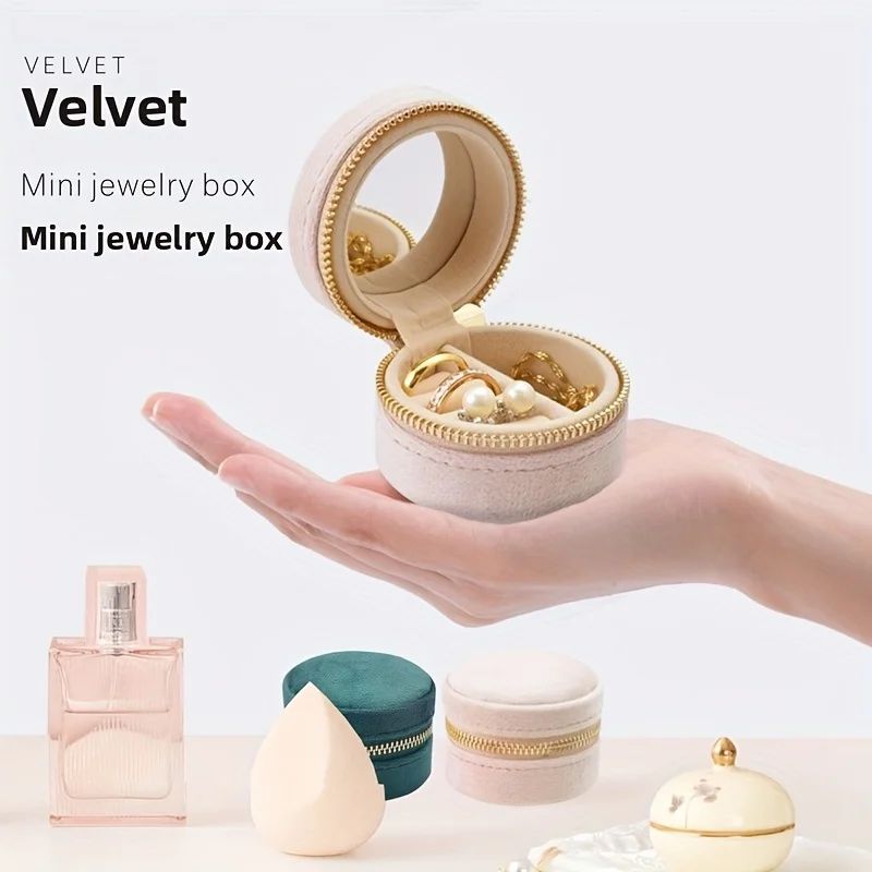 Mini Velvet Travel Jewelry Box Portable Round Organizer For Rings Earrings Necklaces 1
