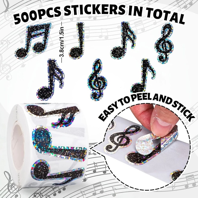 Laser Musical Note Reward Stickers Roll 500 Shiny Black Decals For Crafts Scrapbooking 1