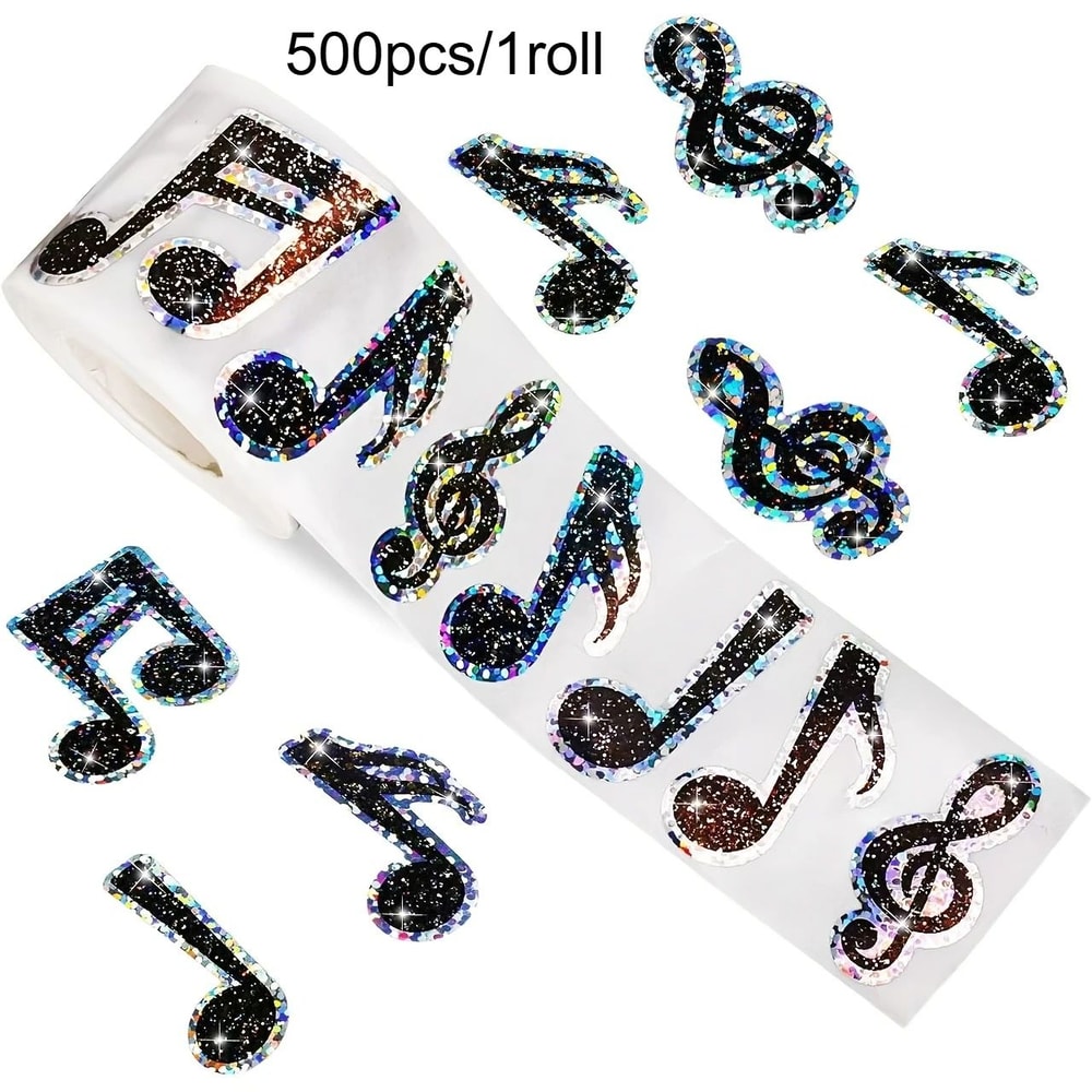 Laser Musical Note Reward Stickers Roll 500 Shiny Black Decals For Crafts Scrapbooking 5
