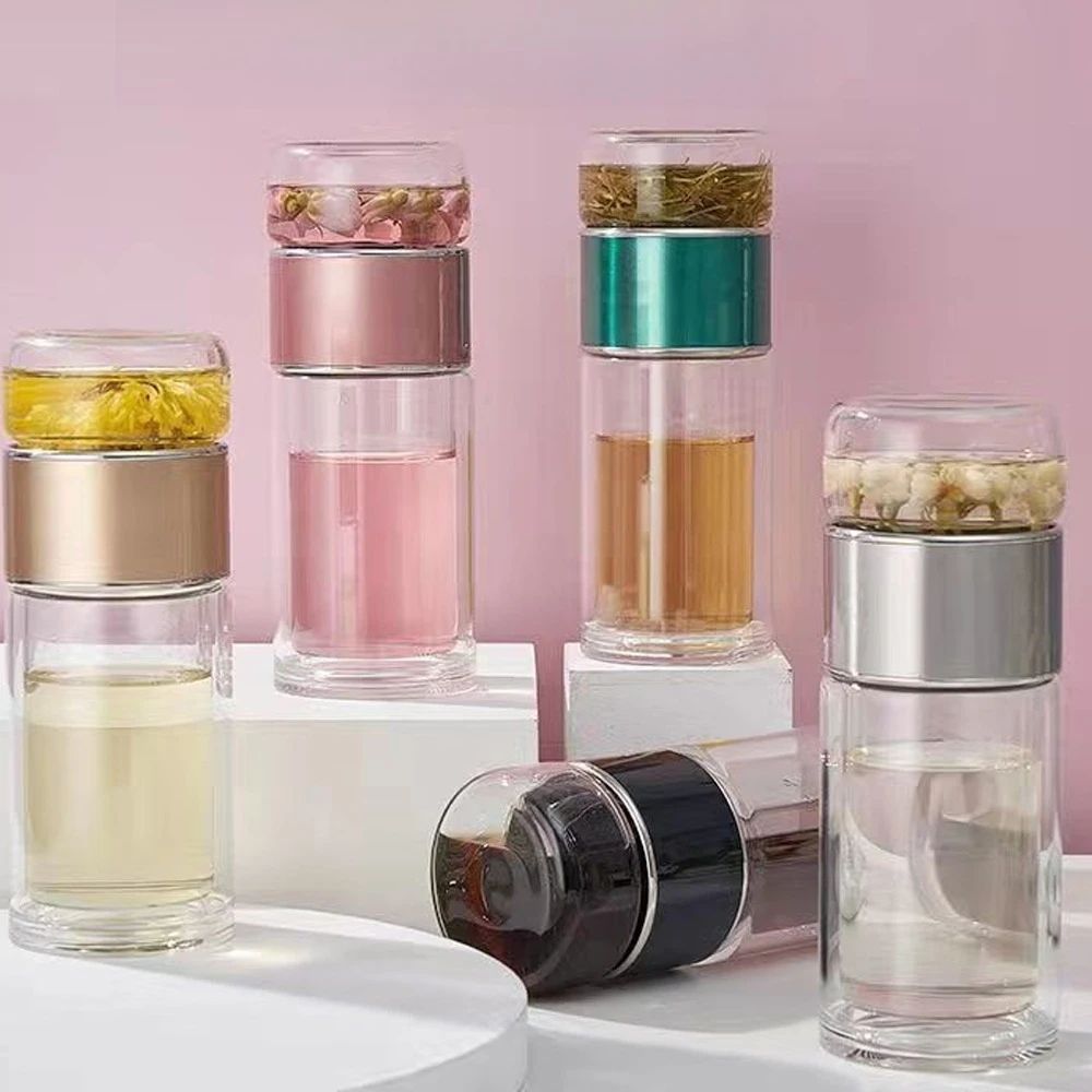 BrewEase 420ml Glass Tea Cup With Infuser Double Wall Travel Tea Mug For Office Outdoors 1