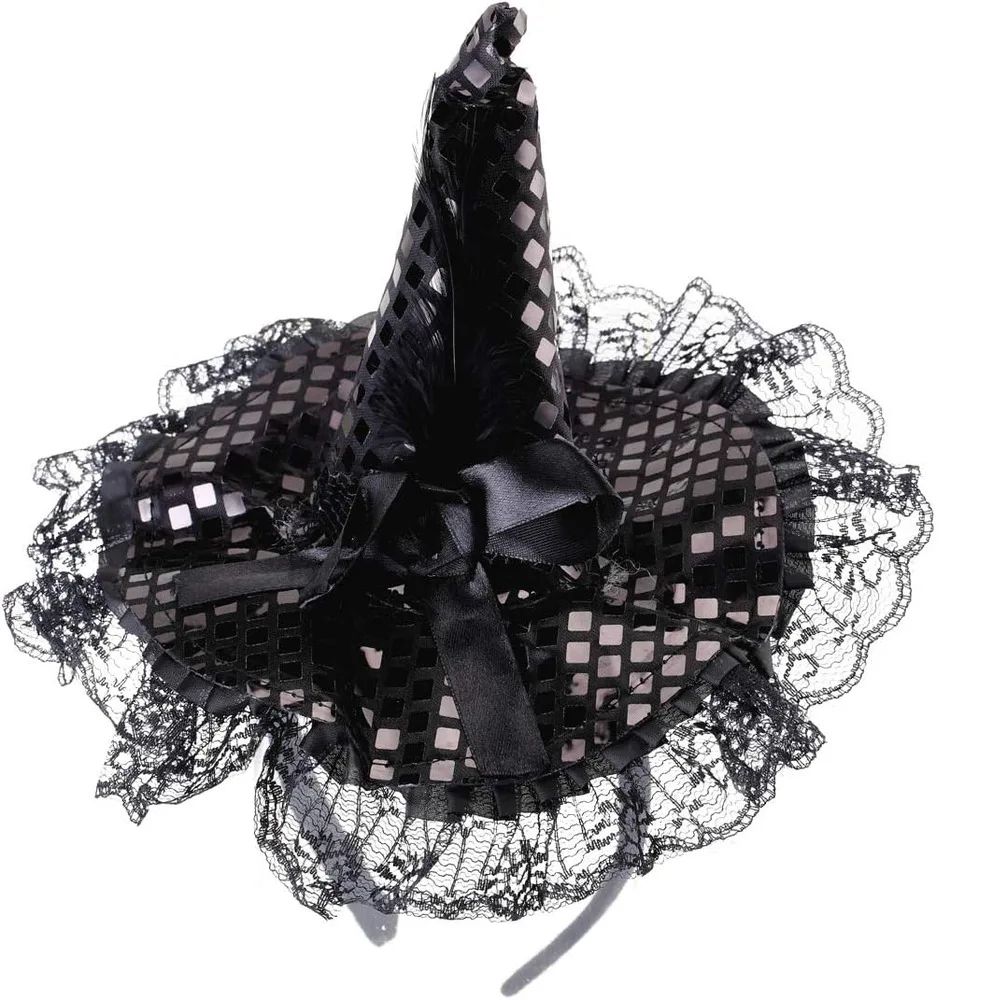 Gothic Halloween Witch Hat With Feathers Lace Elegant Witch Costume Accessory 1