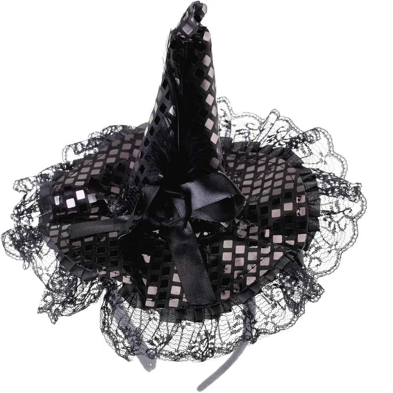 Gothic Halloween Witch Hat With Feathers Lace Elegant Witch Costume Accessory 1