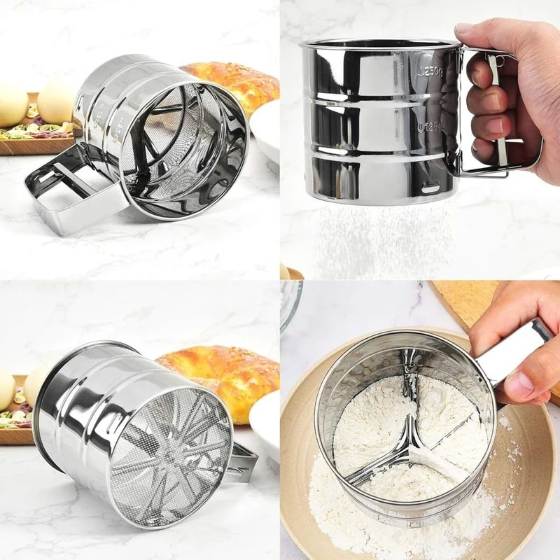 Stainless Steel Flour Sieve Cup Fine Mesh SemiAutomatic Baking Coffee Sifter 2
