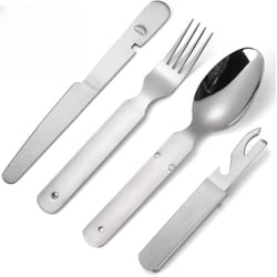 4-piece stainless steel camping cutlery set – travel knife, fork, spoon & bottle opener