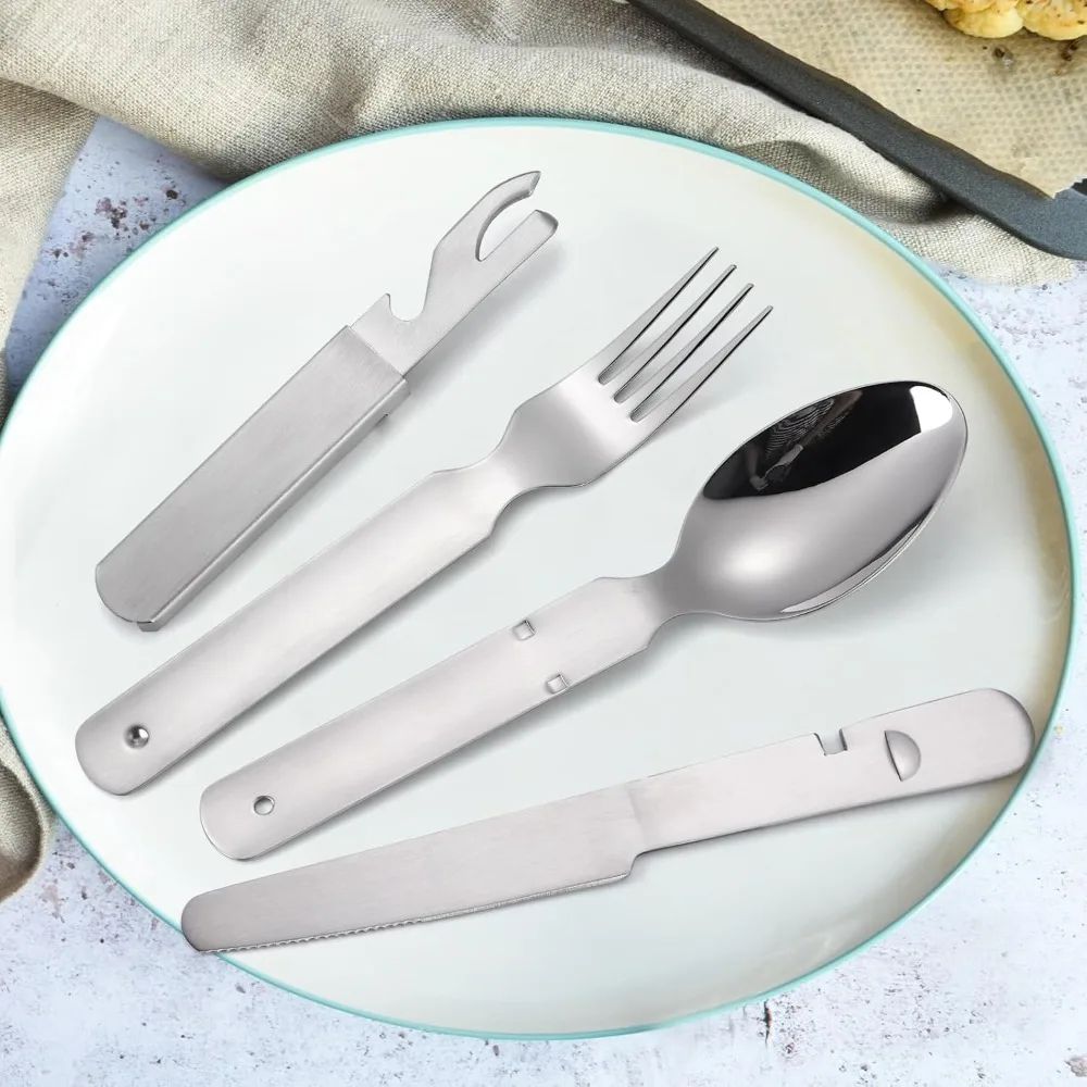 4Piece Stainless Steel Camping Cutlery Set Travel Knife Fork Spoon Bottle Opener 5