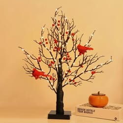21-inch led bonsai tree with red birds – lighted artificial birch decor for christmas & home