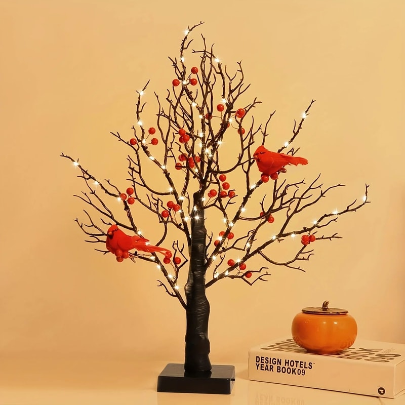 21Inch LED Bonsai Tree With Red Birds Lighted Artificial Birch Decor For Christmas Home 0