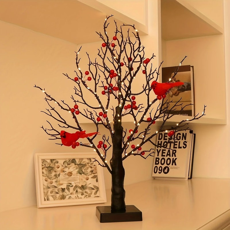21Inch LED Bonsai Tree With Red Birds Lighted Artificial Birch Decor For Christmas Home 1