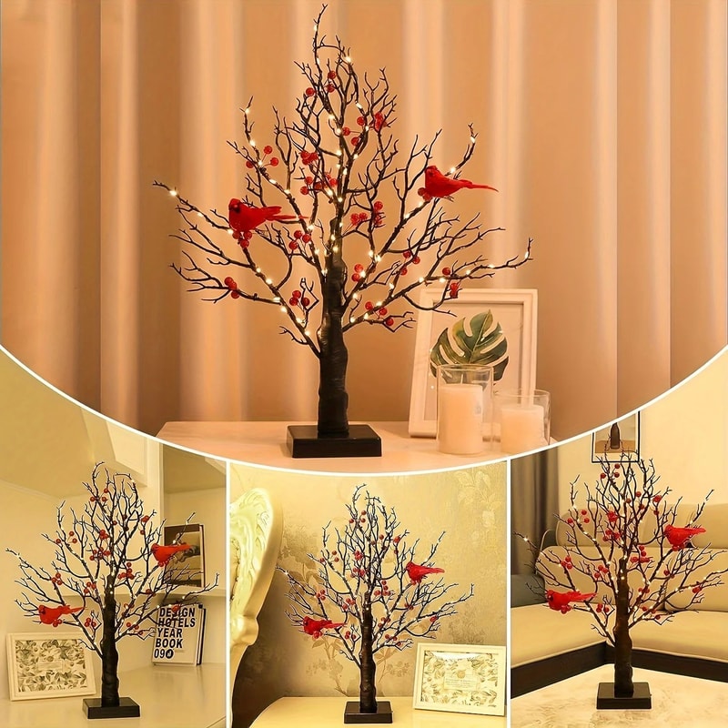 21Inch LED Bonsai Tree With Red Birds Lighted Artificial Birch Decor For Christmas Home 3