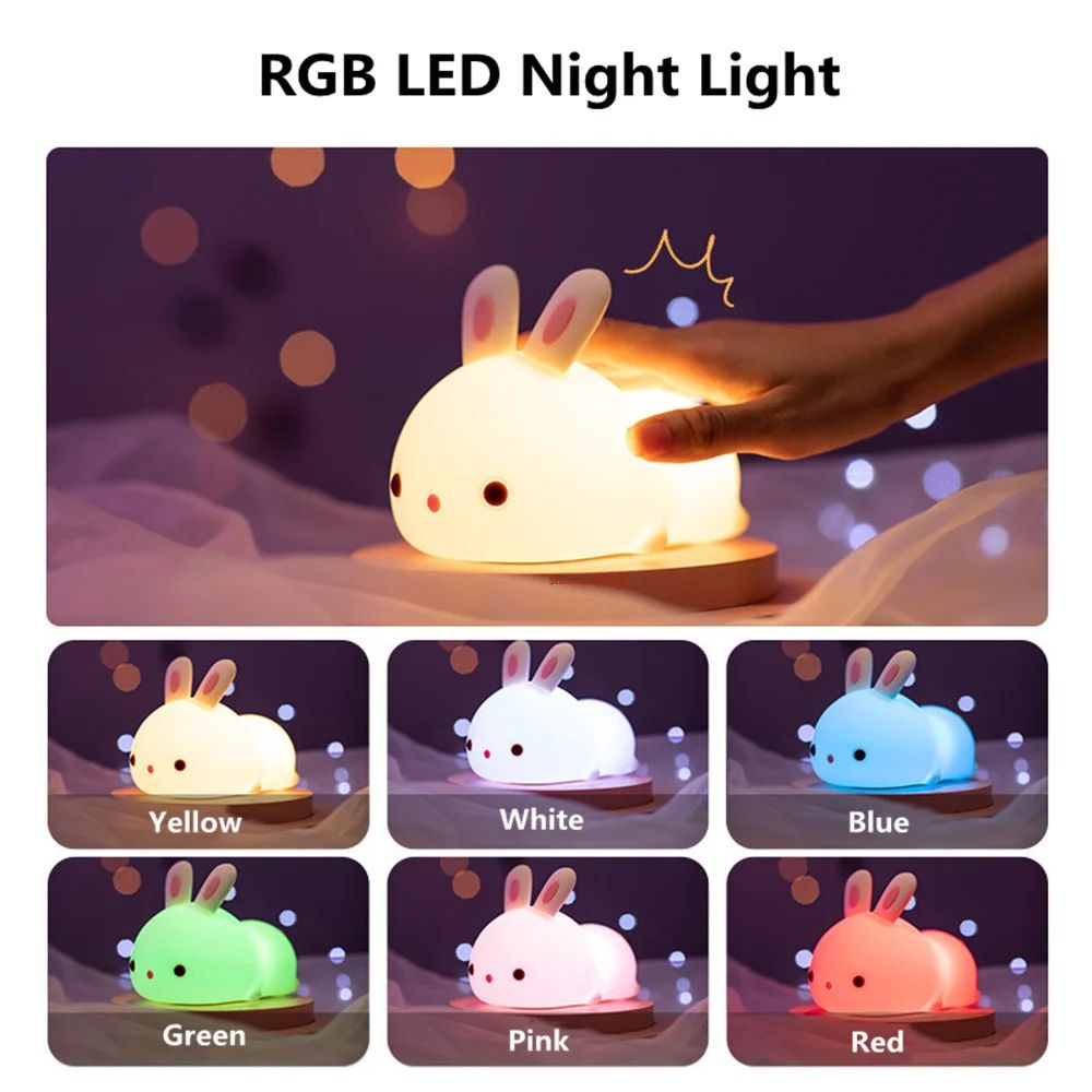 Touch Sensor RGB Bunny Night Light Silicone Bunny Lamp With 16 Colors USB Rechargeable For Kids B 3