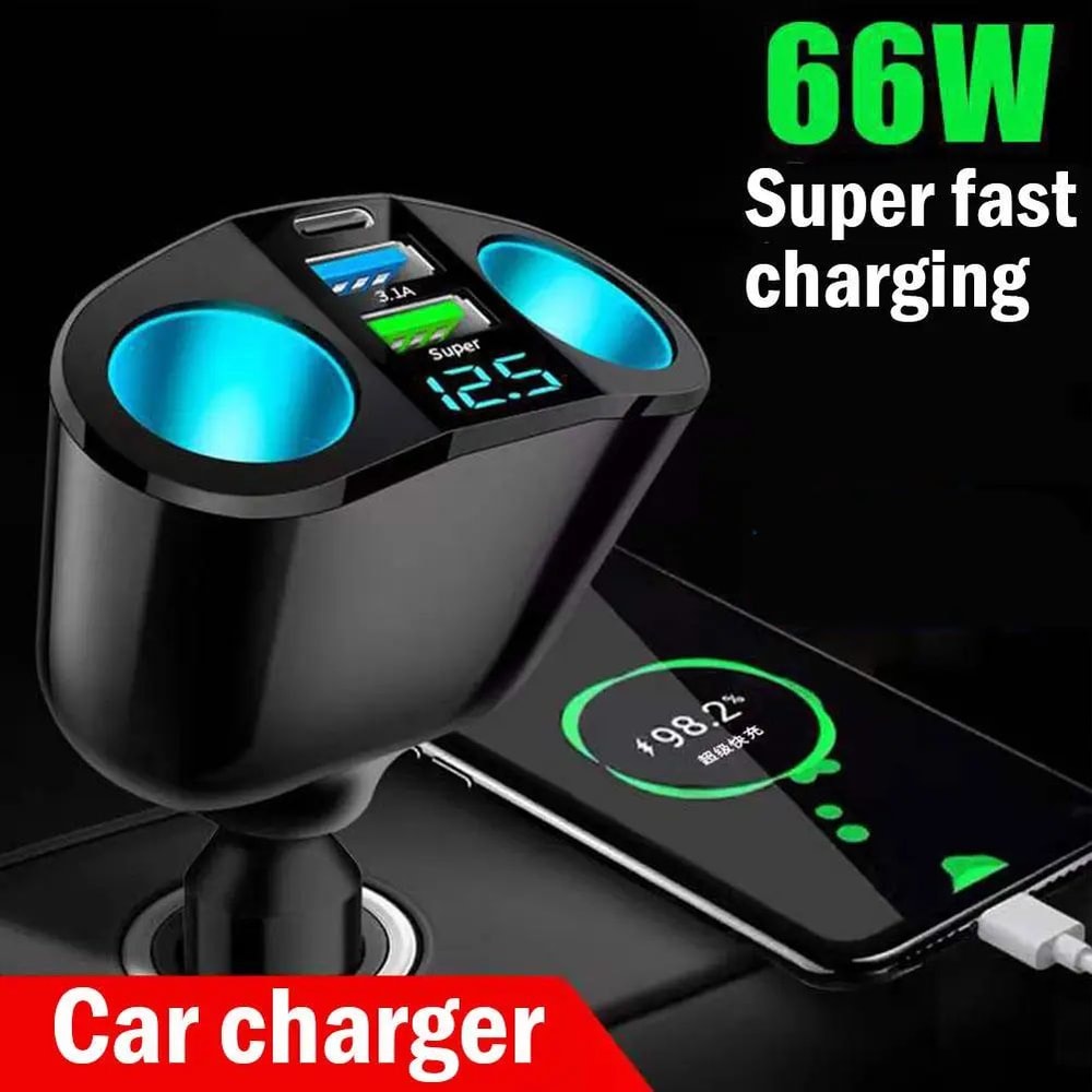 120W Fast Charging Car Charger Dual USB TypeC QC30 Adapter With LED Voltage Display 0