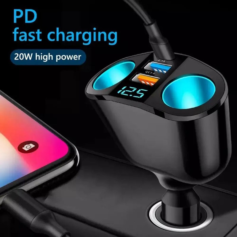 120W Fast Charging Car Charger Dual USB TypeC QC30 Adapter With LED Voltage Display 1