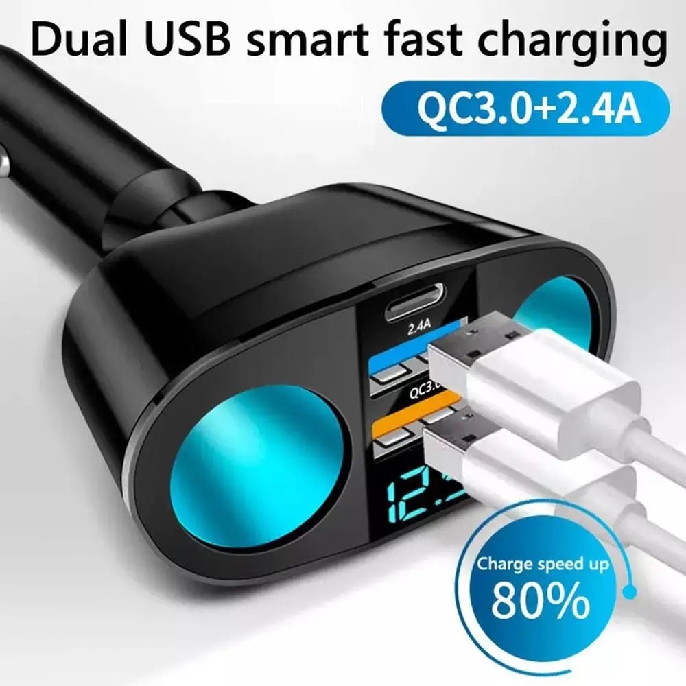 120W Fast Charging Car Charger Dual USB TypeC QC30 Adapter With LED Voltage Display 3