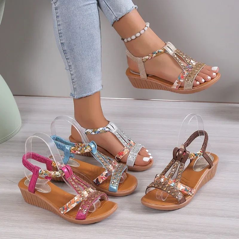 Bohemian Wedge Sandals For Women Summer Wedge Sandals With Rhinestone Detail Platform Comfort 1