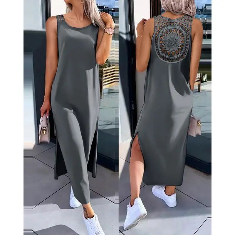 Sleeveless Midi Summer Dress Flowy Hollow Casual Slit Dress For Women 8