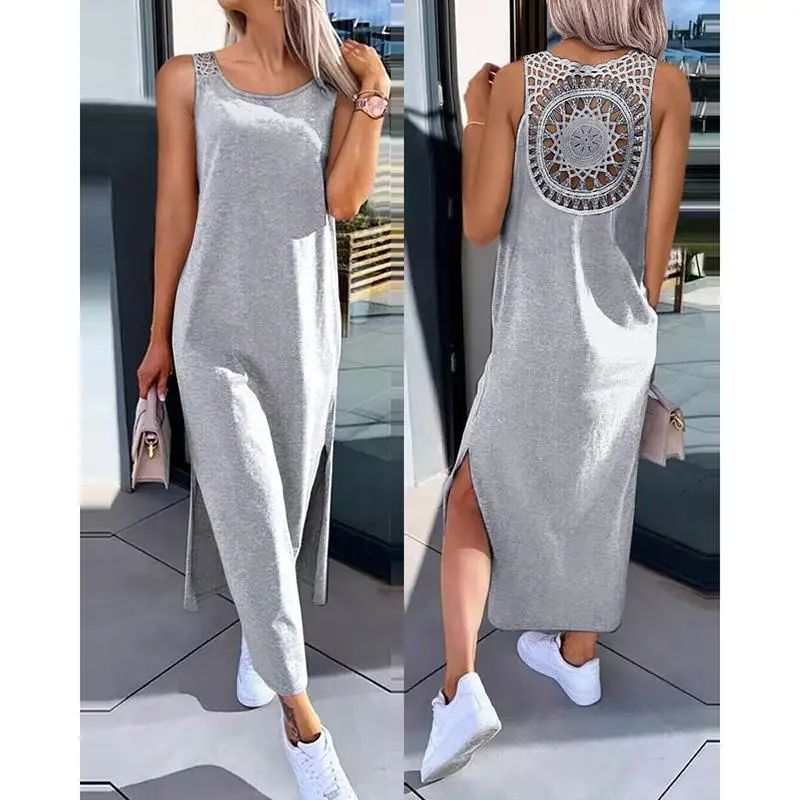 Sleeveless Midi Summer Dress Flowy Hollow Casual Slit Dress For Women 9