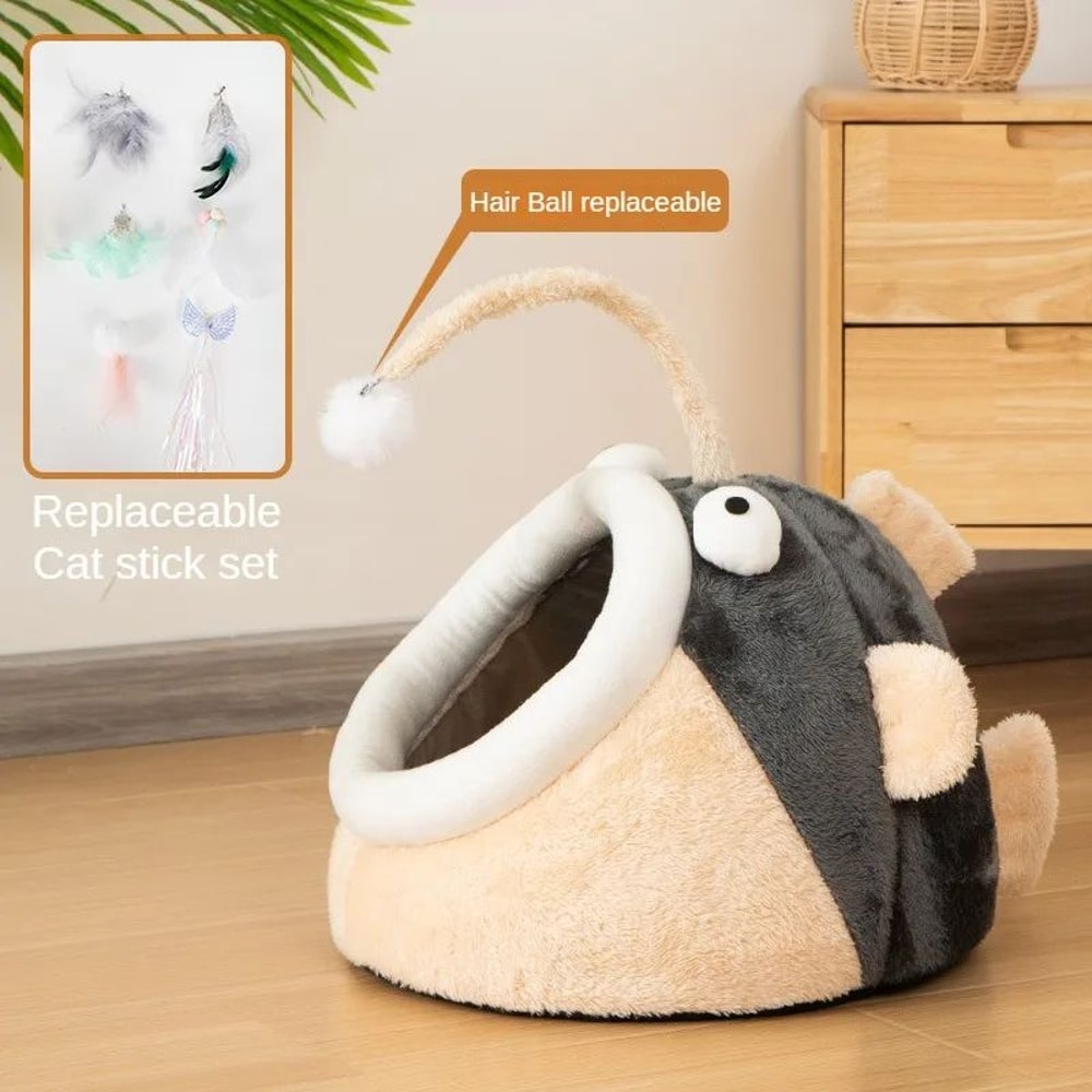 Lantern Fish Cat Bed Cozy Cave Pet House Warm Washable Lounger 2