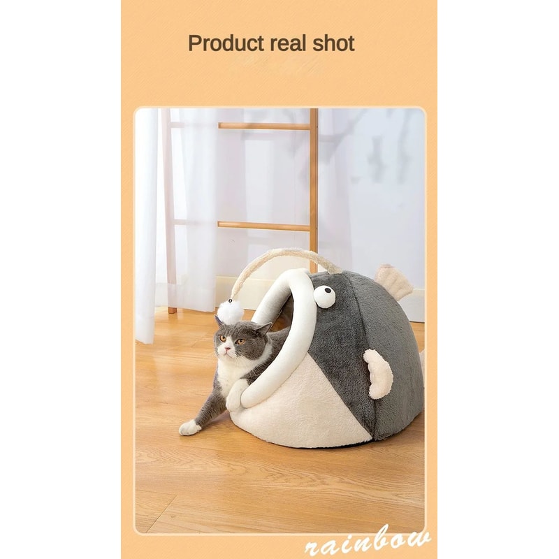 Lantern Fish Cat Bed Cozy Cave Pet House Warm Washable Lounger 4