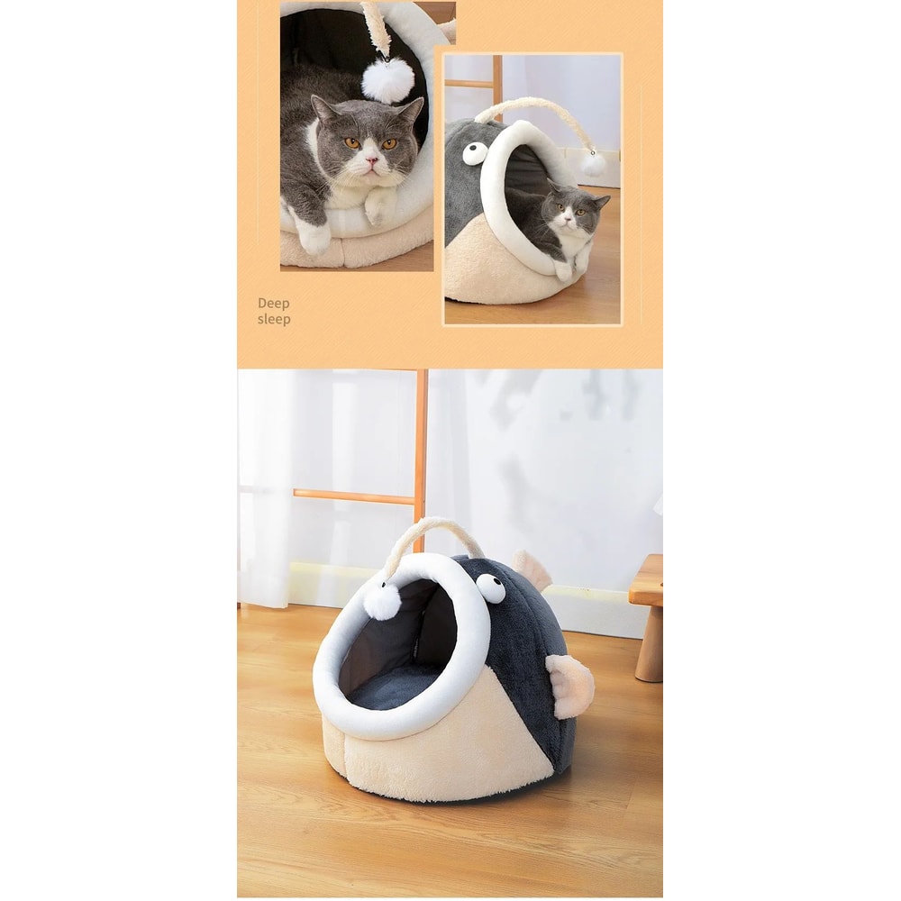 Lantern Fish Cat Bed Cozy Cave Pet House Warm Washable Lounger 5