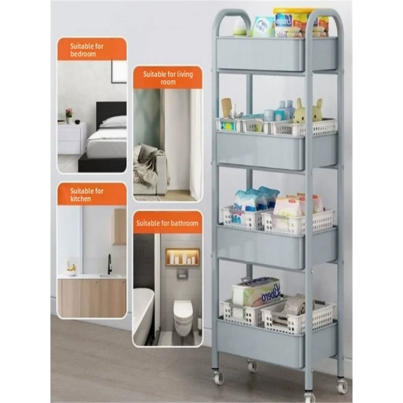 RollEase Storage Trolley Rolling Storage Cart With Handlebar MultiLayer Shelves For Home Organiza 5