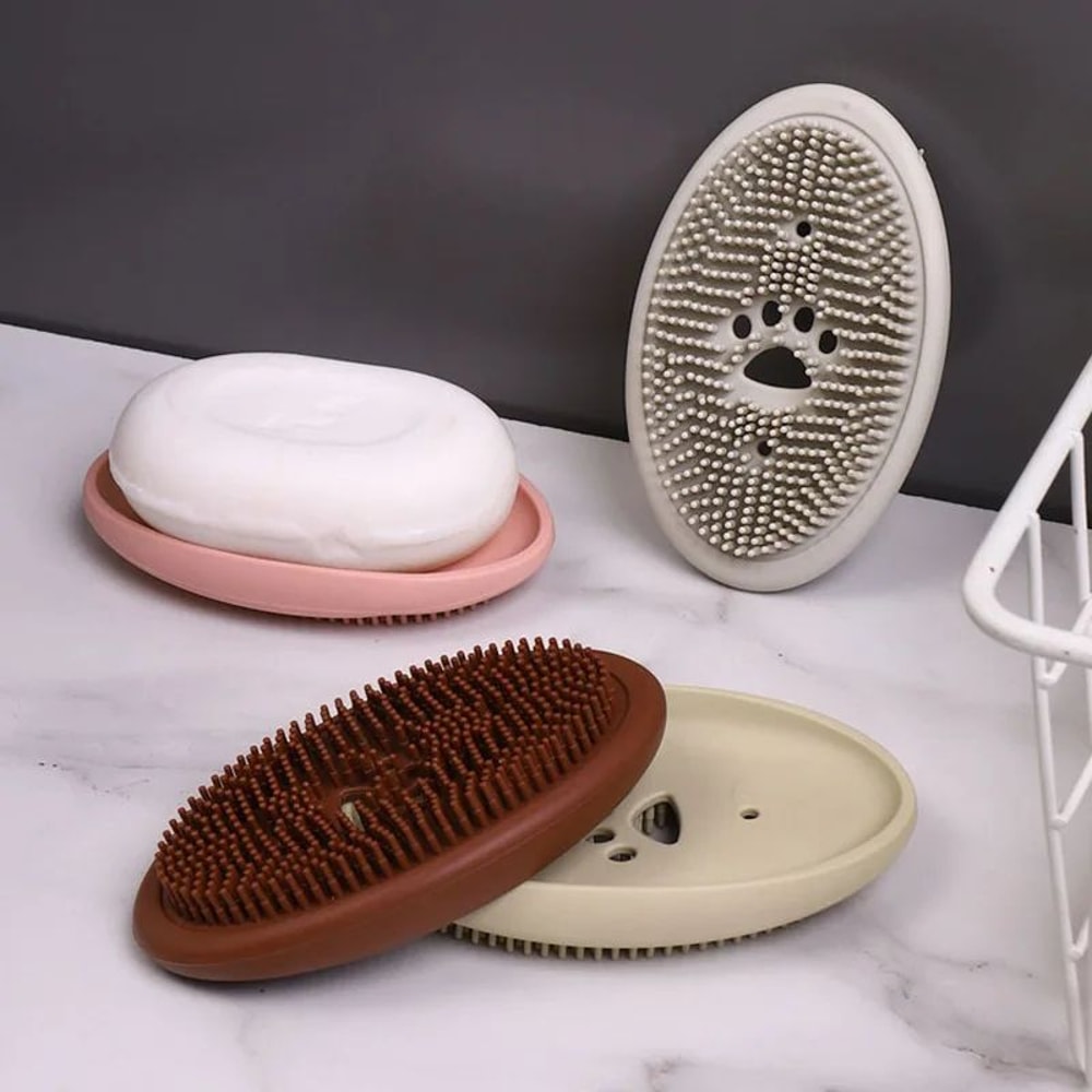 Premium SpaceSaving Silicone Soap Dish Brush Set Durable SelfDraining Holder For Kitchen Bathroo 0