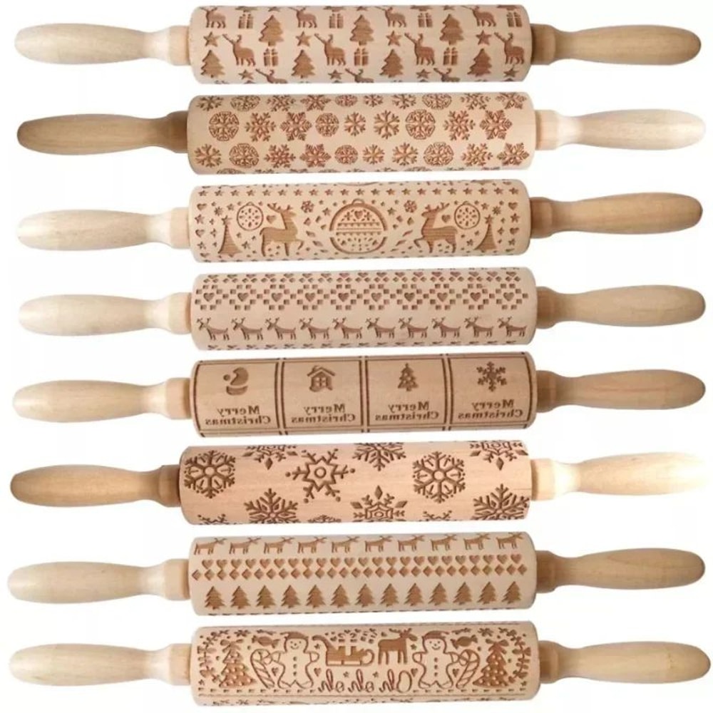 Premium Holiday Cookie Embossing Rolling Pin Christmas Pattern Wooden Dough Roller 0