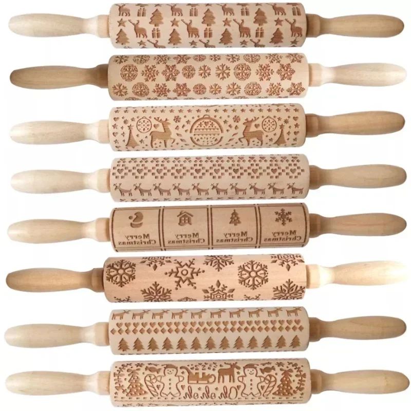 Premium Holiday Cookie Embossing Rolling Pin Christmas Pattern Wooden Dough Roller 0