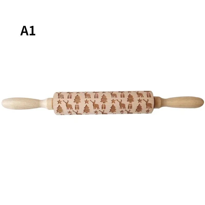 Premium Holiday Cookie Embossing Rolling Pin Christmas Pattern Wooden Dough Roller 6